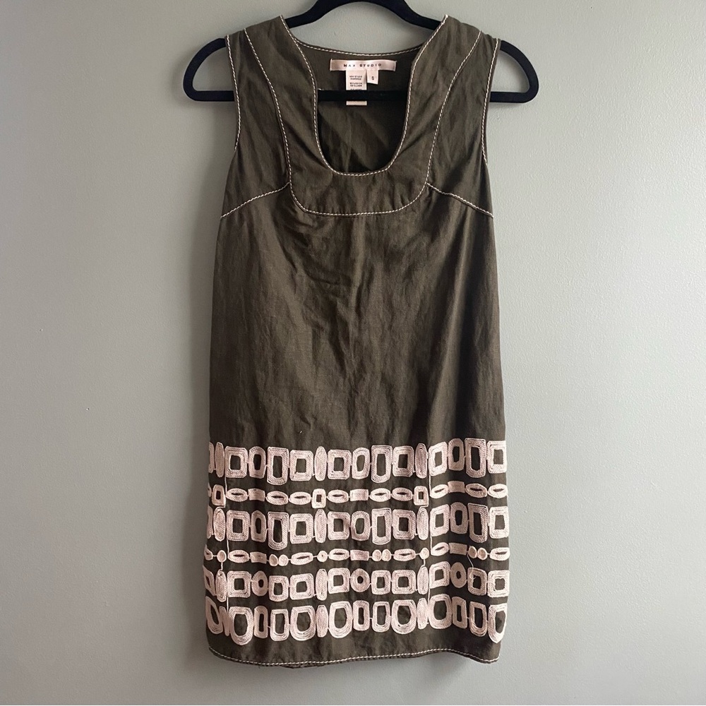 Max Studio Olive Green Sleeveless Mini Swing Dress with white Accents
